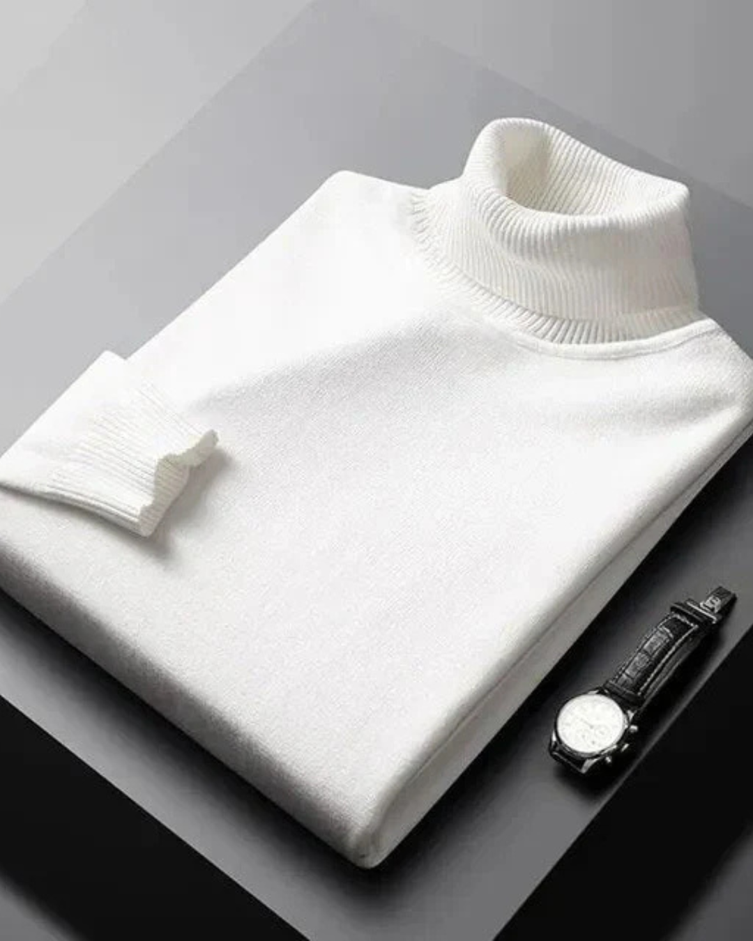 Jersey blanco de punto con cuello alto acanalado y manga larga, tejido uniforme