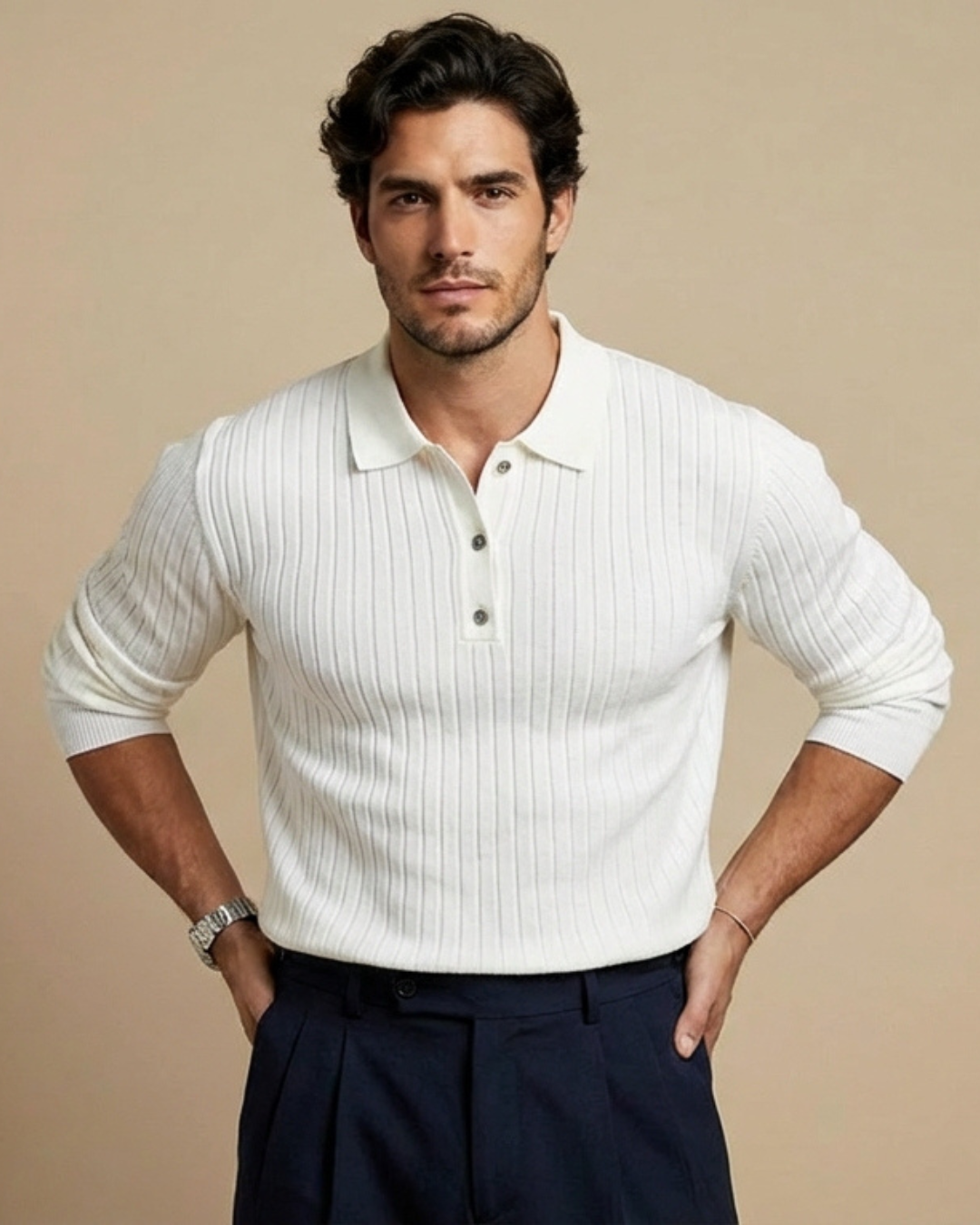 Jersey polo de punto blanco, manga larga slim, tapeta con botones y canalé