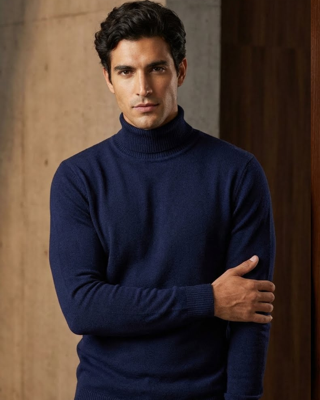 Jersey azul marino de punto con cuello alto y manga larga, tejido acanalado
