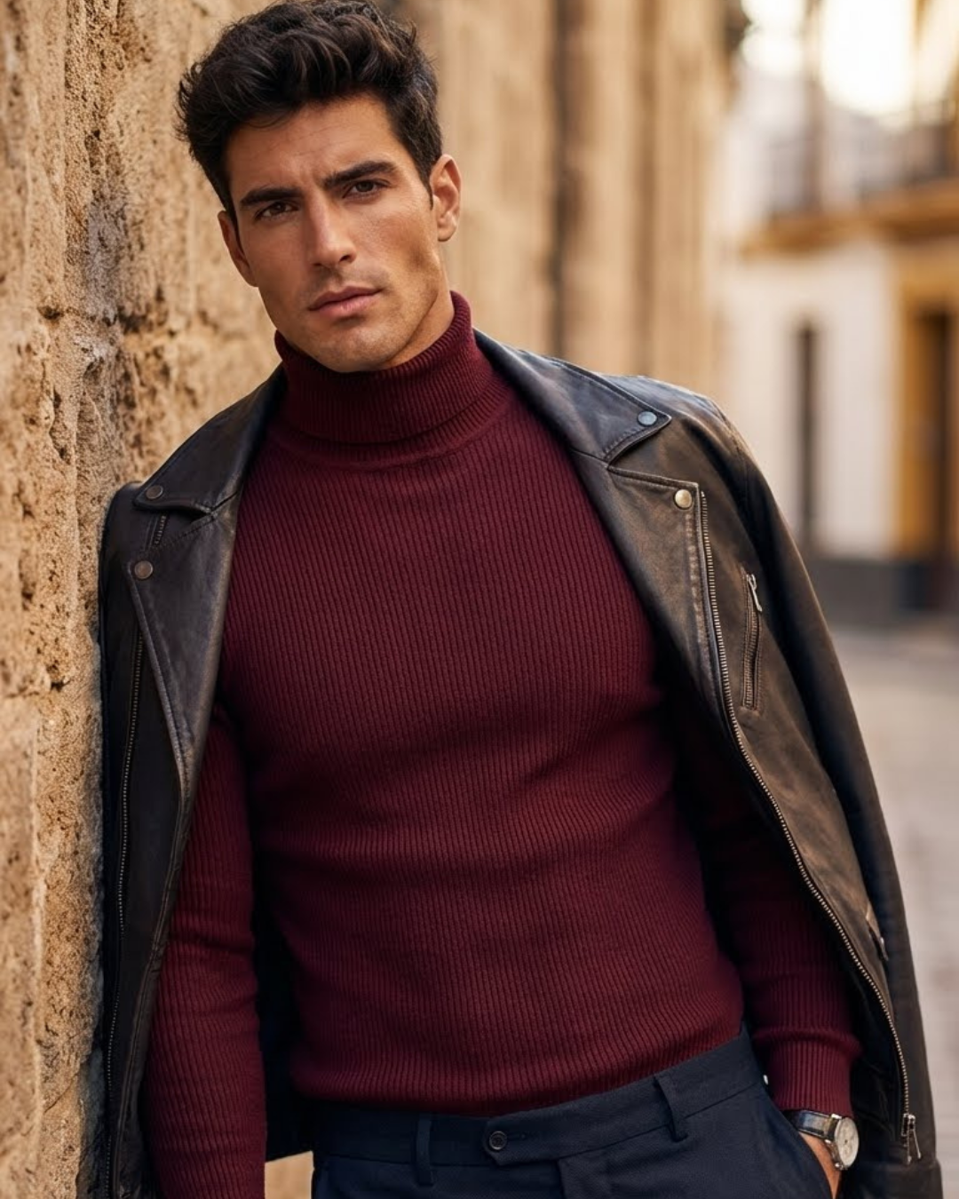 Jersey de punto granate con cuello alto y manga larga, tejido acanalado en el cuello