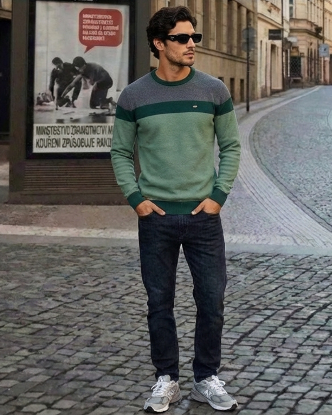 Jersey Norwein de punto bicolor verde y gris, con franja verde oscuro en el pecho