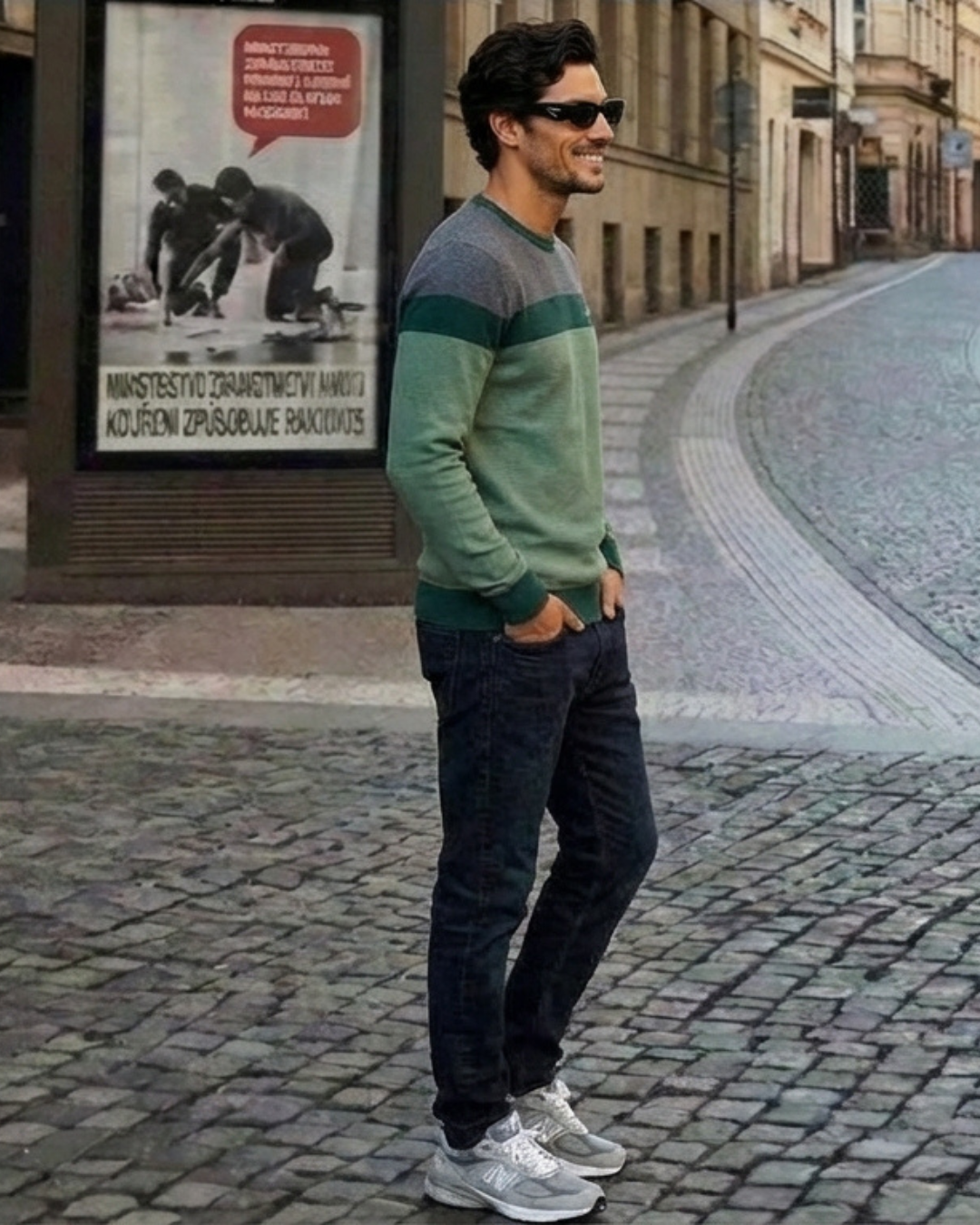 Jersey Norwein de punto bicolor verde y gris, con franja verde oscuro y ribetes a juego