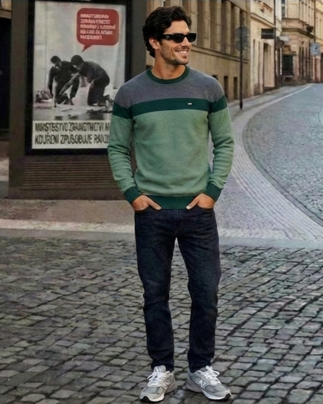 Jersey de punto bicolor verde y verde oscuro, cuello redondo, manga larga