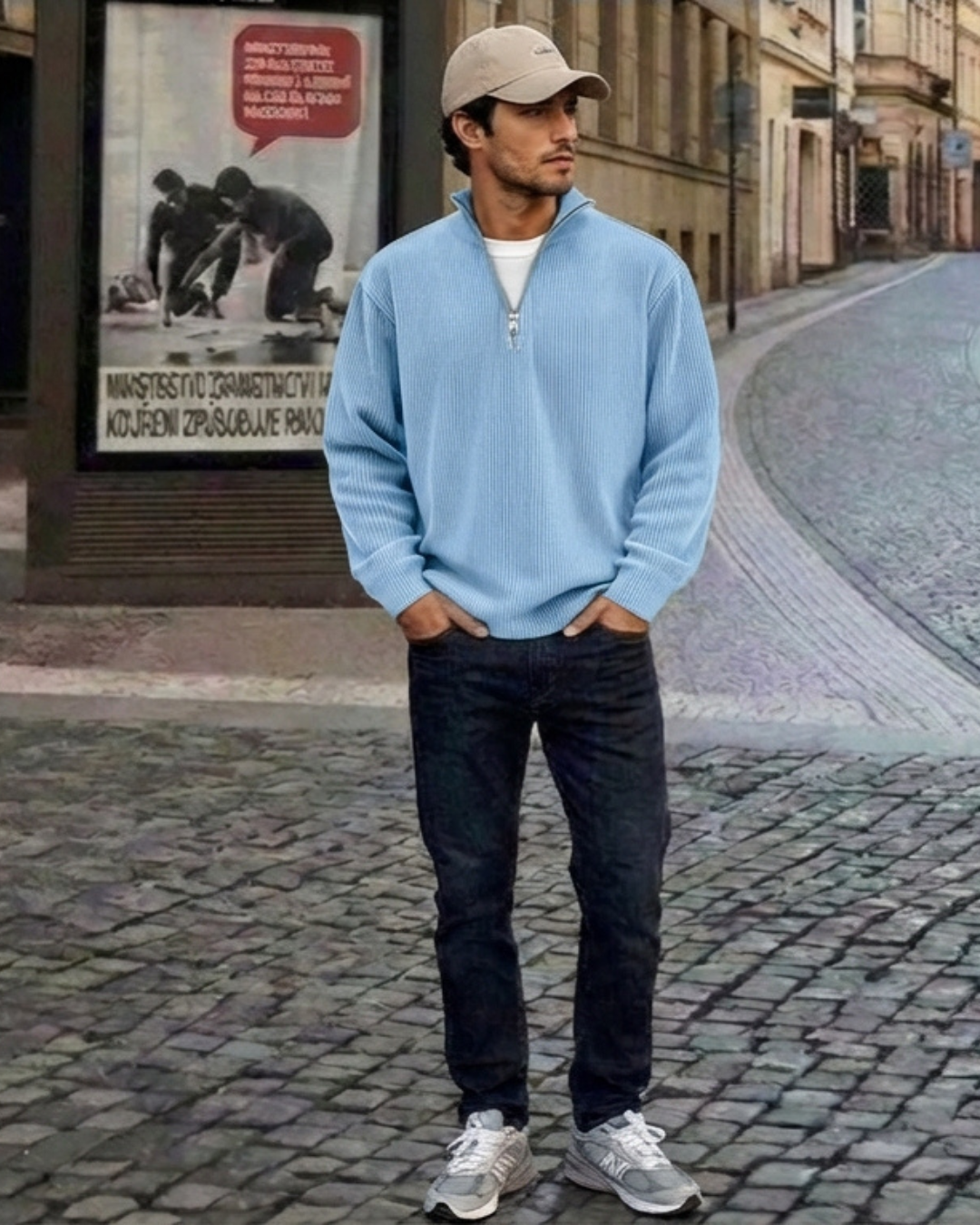 Suéter de punto azul claro con media cremallera y cuello alto, manga larga.