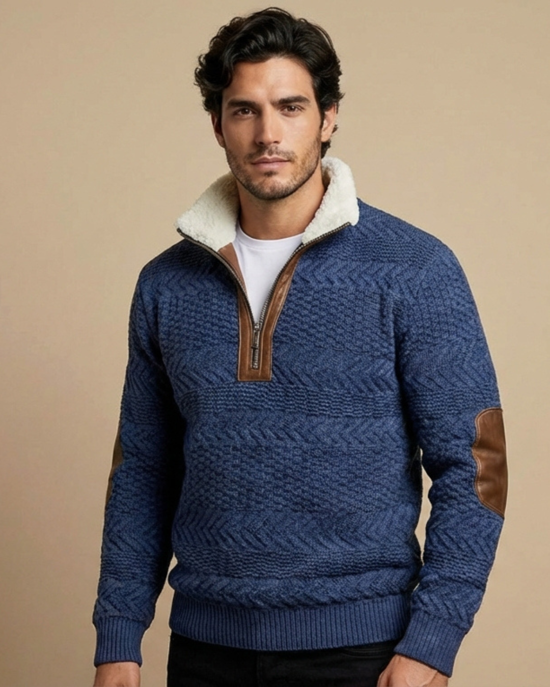 Suéter de borrego azul con cuello sherpa blanco y cierre 1/4 color café