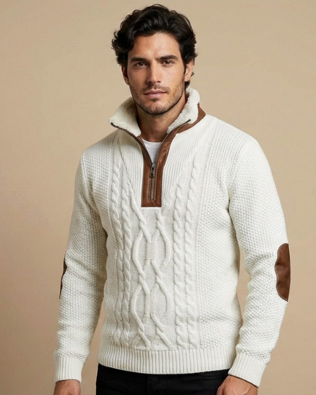 Suéter de borrego blanco con cuello sherpa y cierre 1/4 color café
