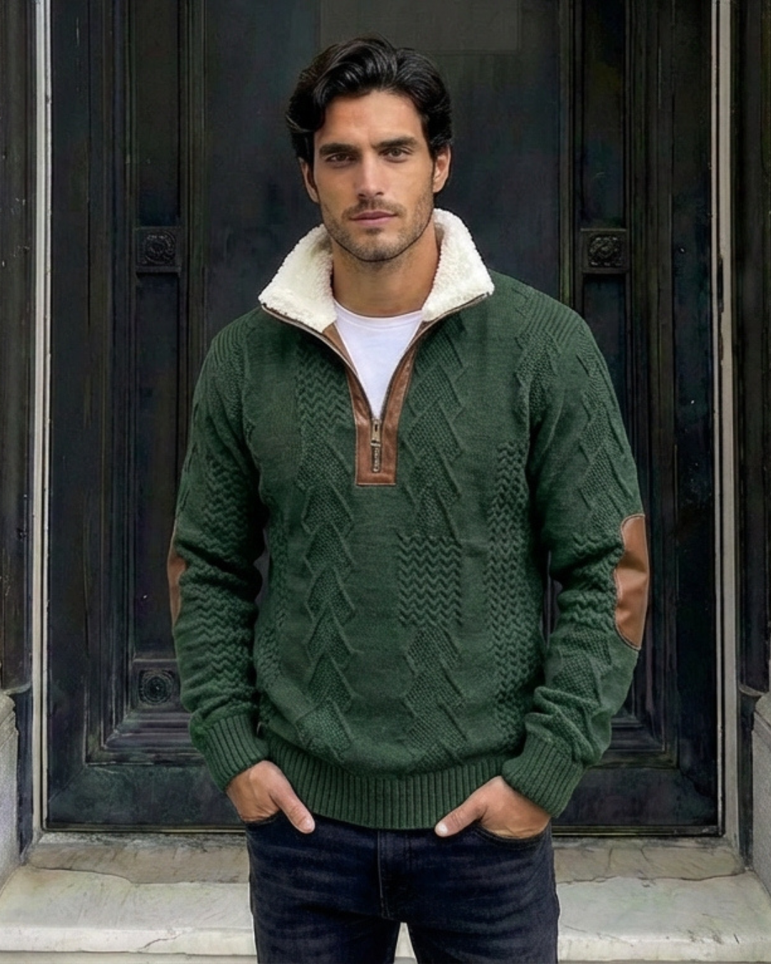 Suéter de borrego verde con cuello sherpa y cierre 1/4 color café