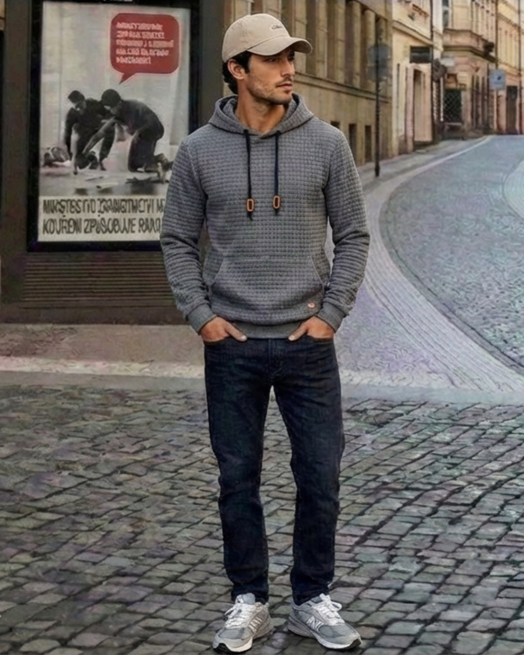 Sudadera con capucha gris jaspeada, cordones naranja y bolsillo canguro