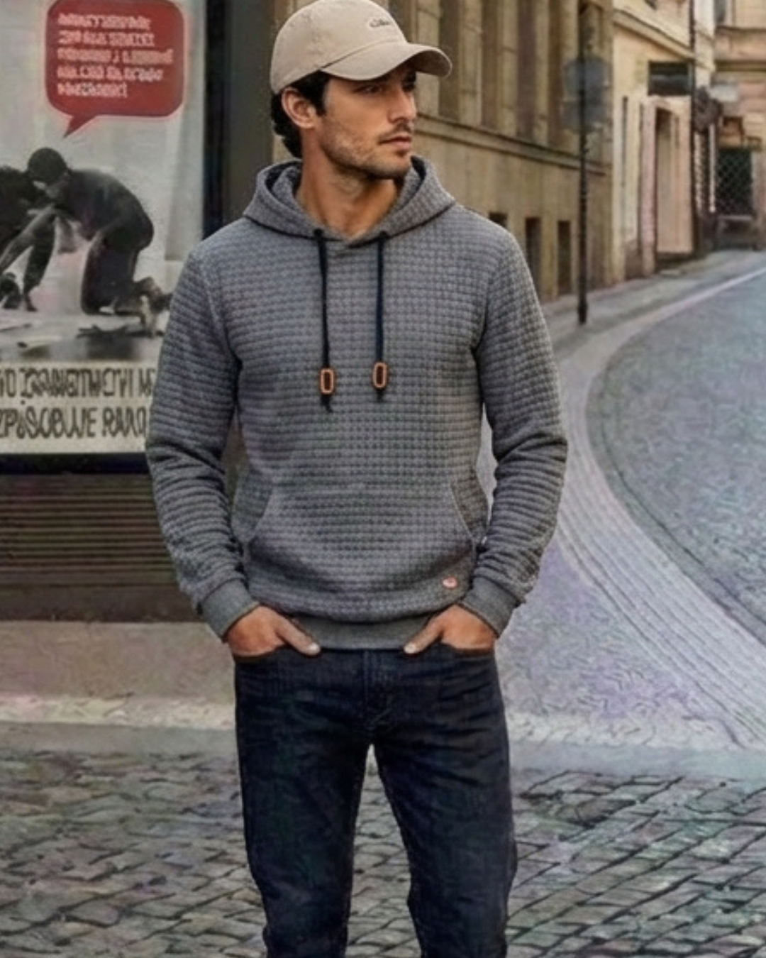 Sudadera gris con capucha, cordones naranja y bolsillo canguro