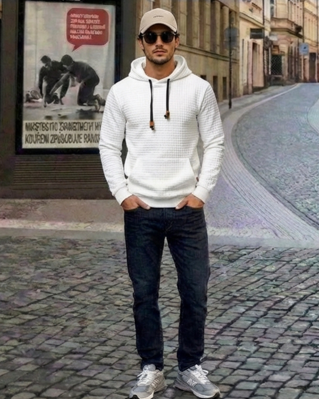 Sudadera con capucha blanca y cordones, tejido texturizado, bolsillo canguro