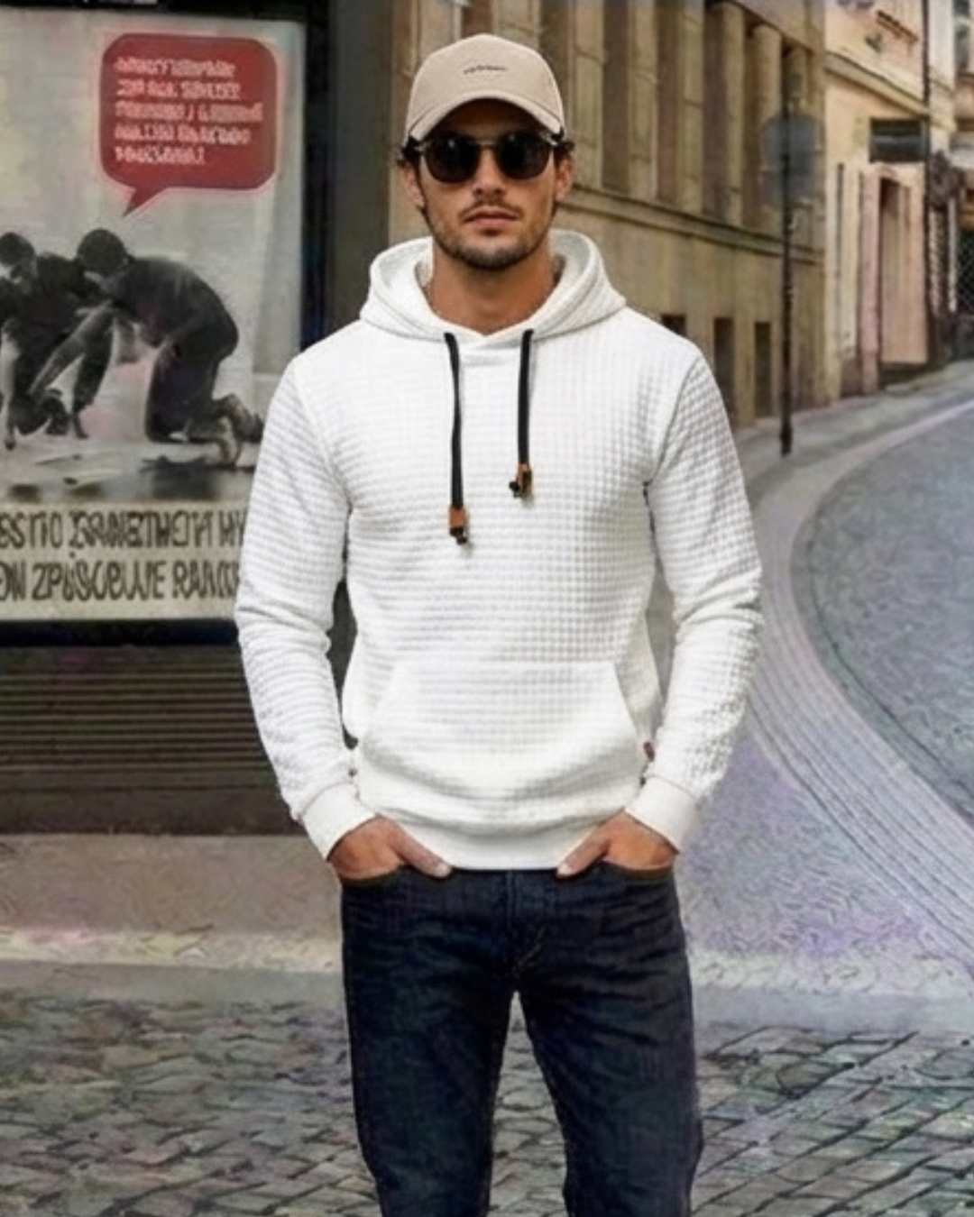 Sudadera con capucha blanca de tejido acolchado y cordones, bolsillo canguro