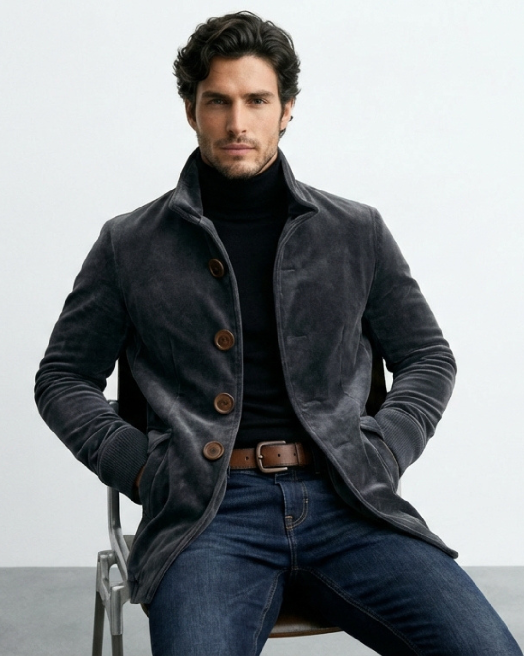Chaqueta Leonardo de ante gris oscuro con botones vista frontal y cuello alto