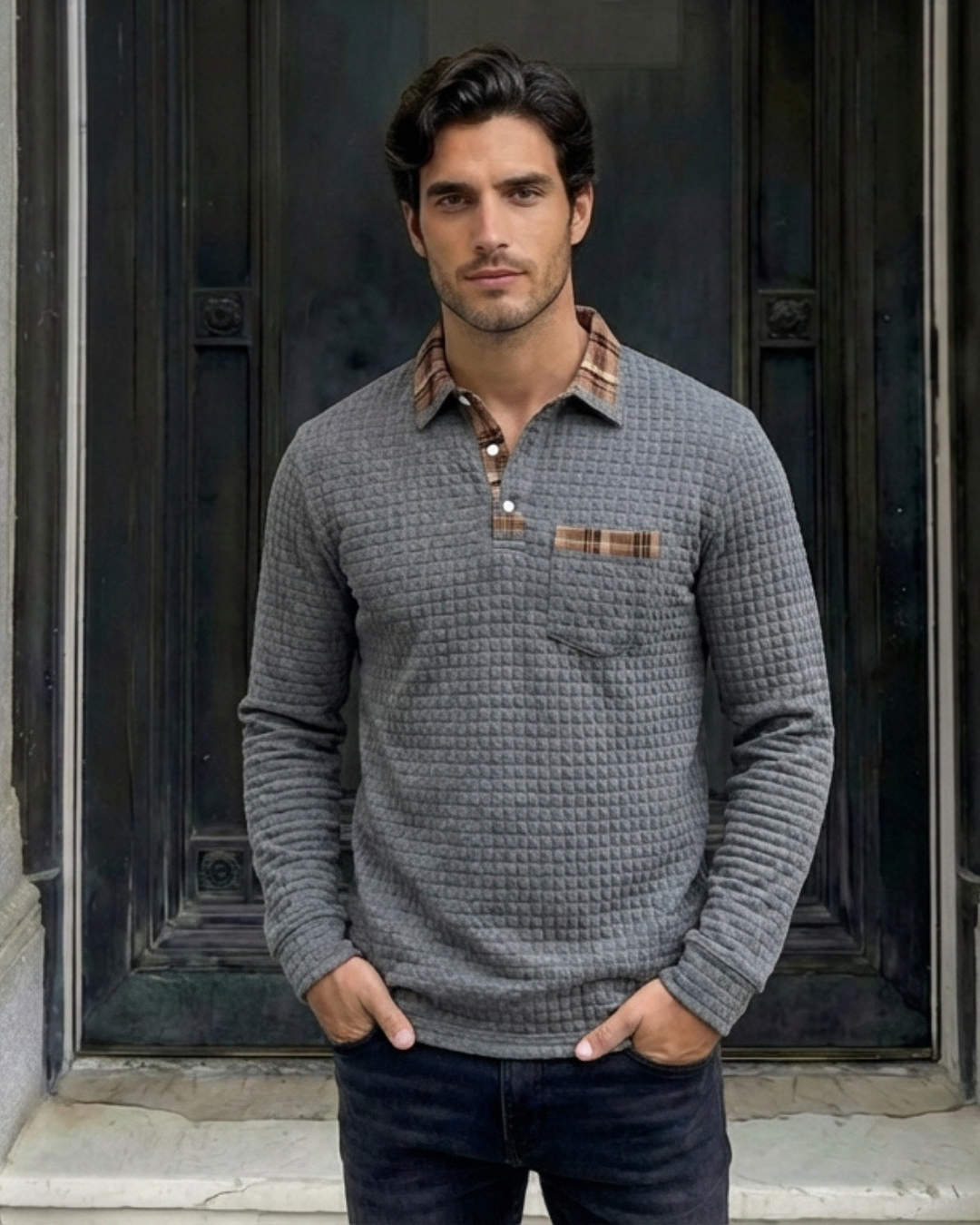 Suéter de punto gris con cuello tipo polo y bolsillo frontal con etiqueta