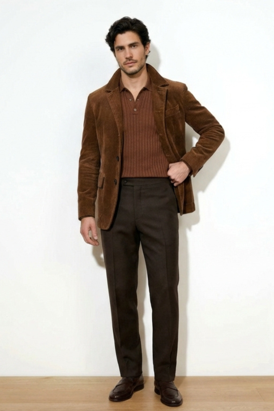 Chaqueta Leonardo de pana marrón con botones y bolsillos laterales