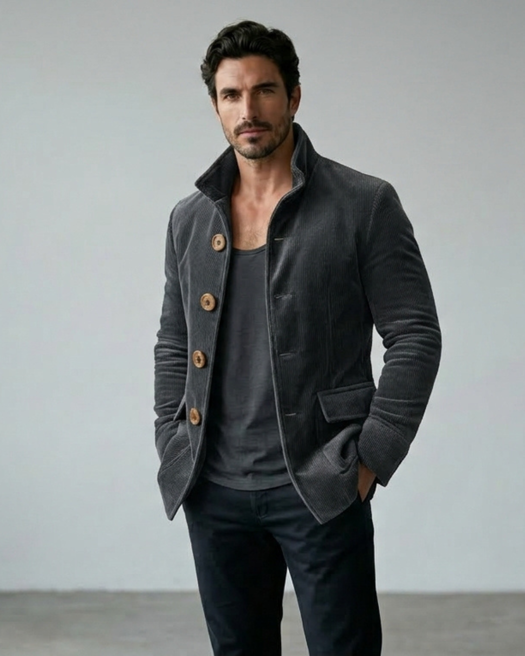Chaqueta Leonardo de ante gris oscuro con botones, solapas y bolsillo en pecho