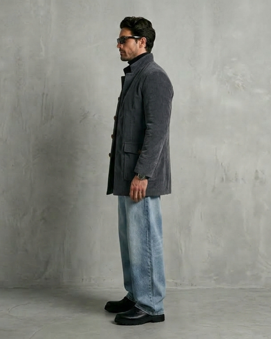Chaqueta Leonardo de ante gris con botones y bolsillos tipo parche