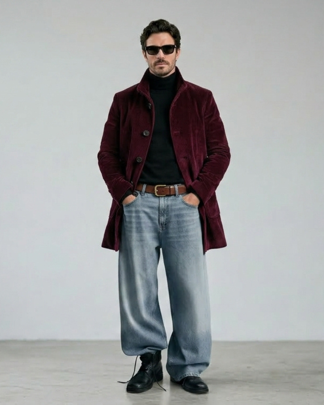 Chaqueta Leonardo de ante granate con botones, cuello alto y bolsillos laterales