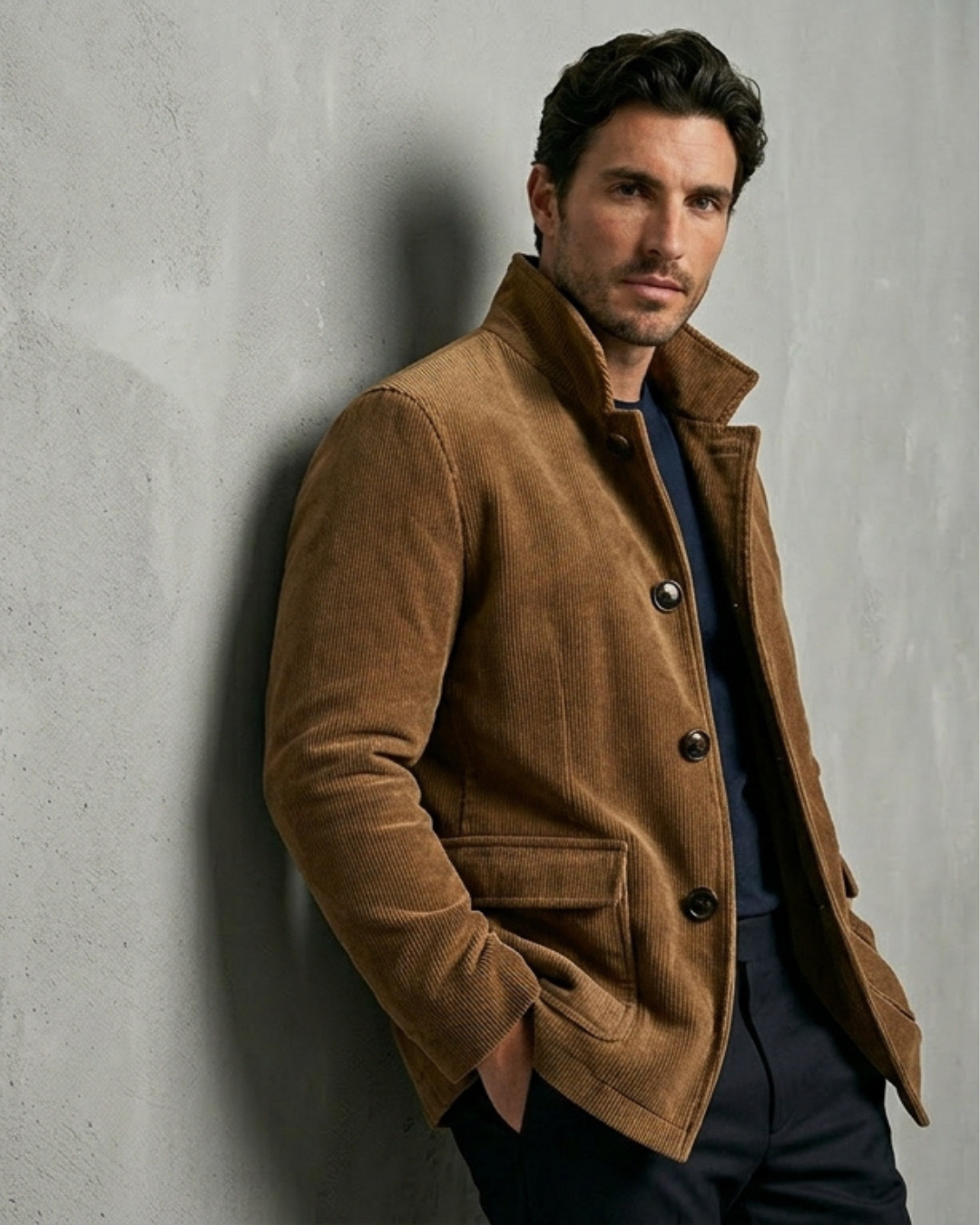Chaqueta Leonardo de ante marrón con botones, cuello alto y bolsillos