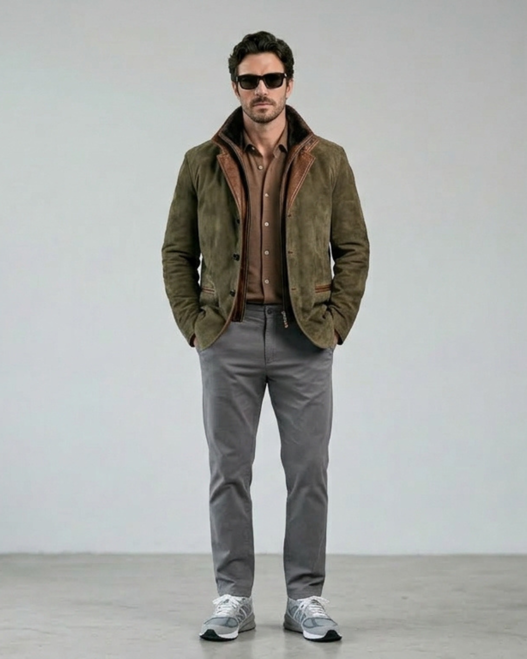 Chaqueta de ante verde oliva con solapa y ribete marrón, botones frontales y bolsillos.
