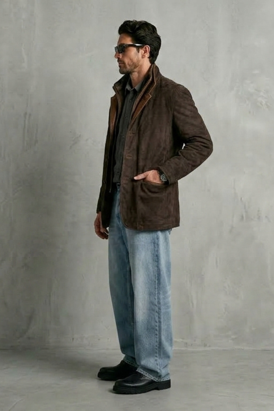 Chaqueta de solapa marrón oscuro con cuello forrado y bolsillos con solapa