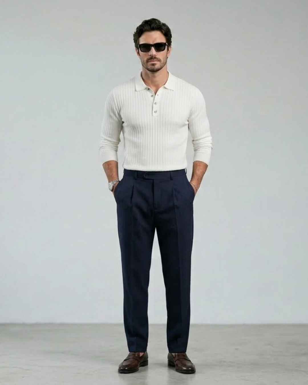 Jersey polo de punto blanco, manga larga slim fit, cuello con botones y canalé