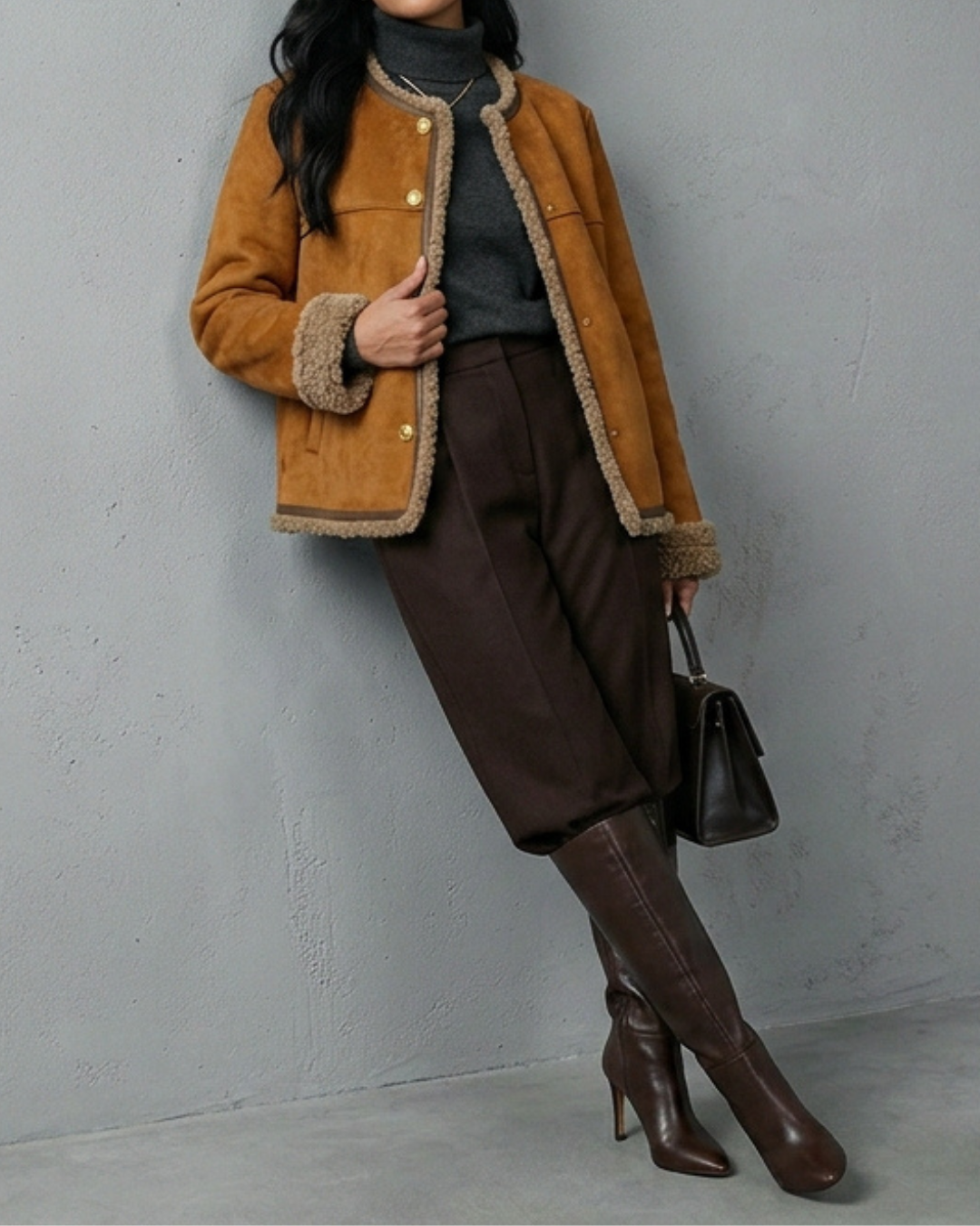 Chaqueta ante camel con borreguillo en bordes y botones dorados, manga completa