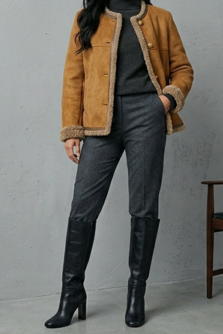 Chaqueta ante camel con borreguillo en mangas y borde, botones dorados al frente