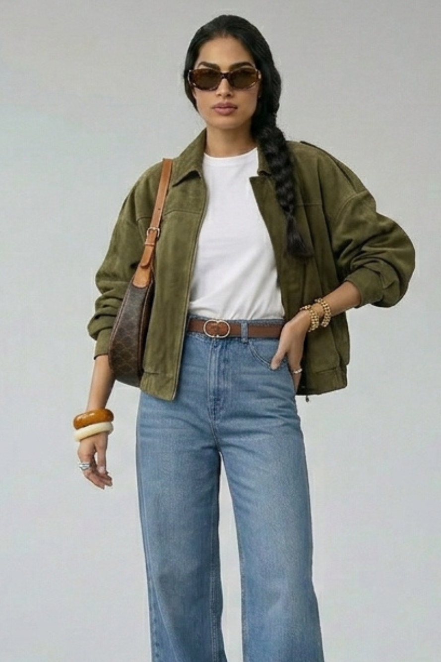 Chaqueta de ante verde oliva con bolsillos con solapa y cierre frontal