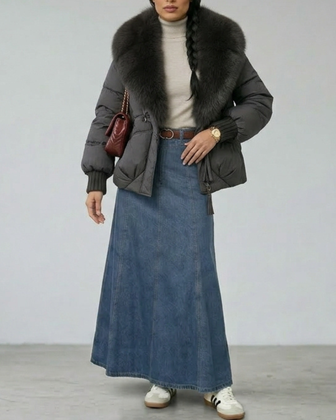 Chaqueta acolchada negra con cuello de pelo sintético gris, puños elásticos