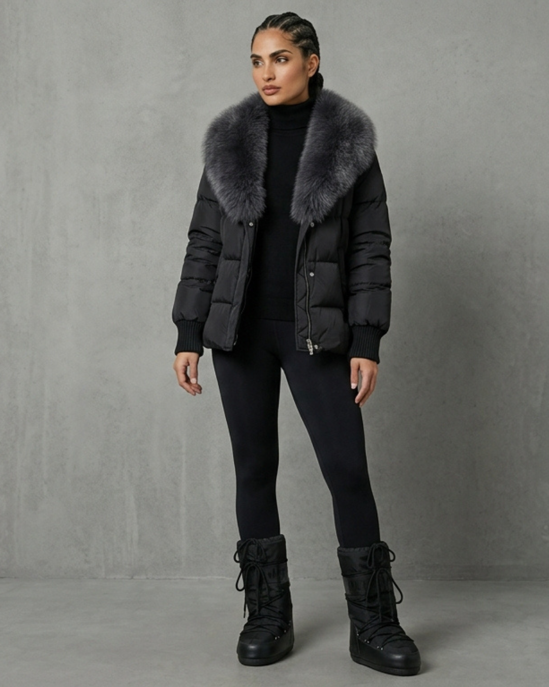 Chaqueta acolchada negra con cuello de pelo sintético gris, bolsillos y cremallera