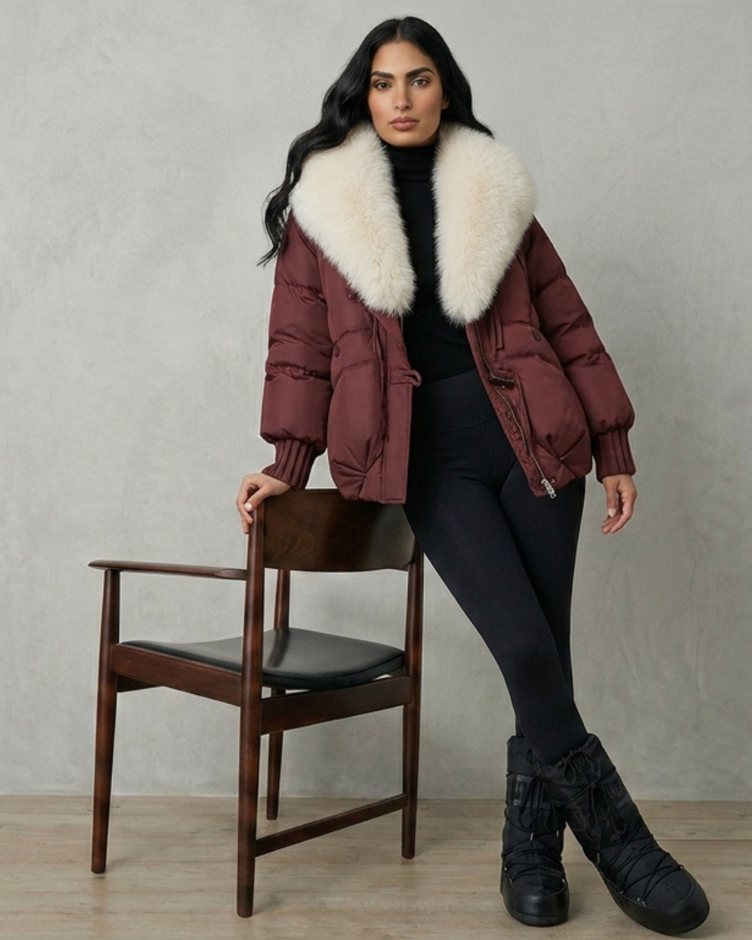 Chaqueta acolchada color teja con cuello de pelo sintético blanco y cierre frontal