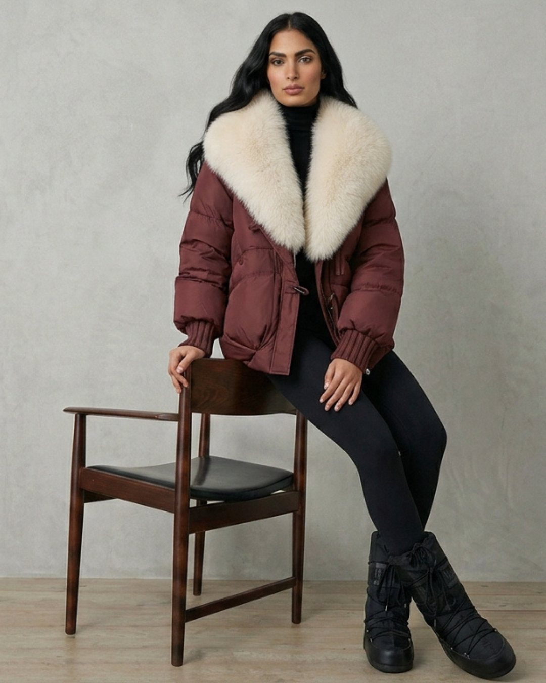 Chaqueta acolchada color teja con cuello de pelo sintético blanco y cremallera