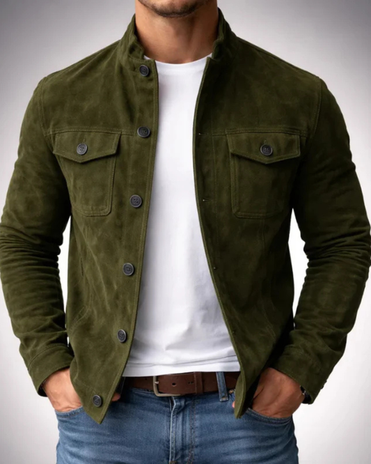 Chaqueta de ante verde con botones y dos bolsillos delanteros