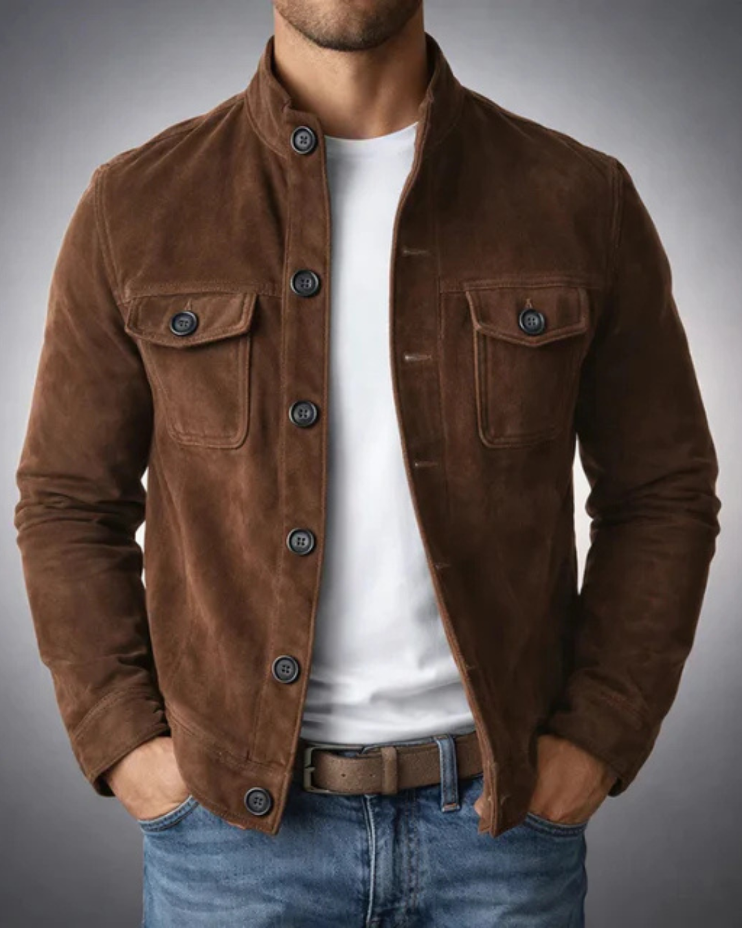 Chaqueta de ante marrón con botones y bolsillos delanteros con solapa