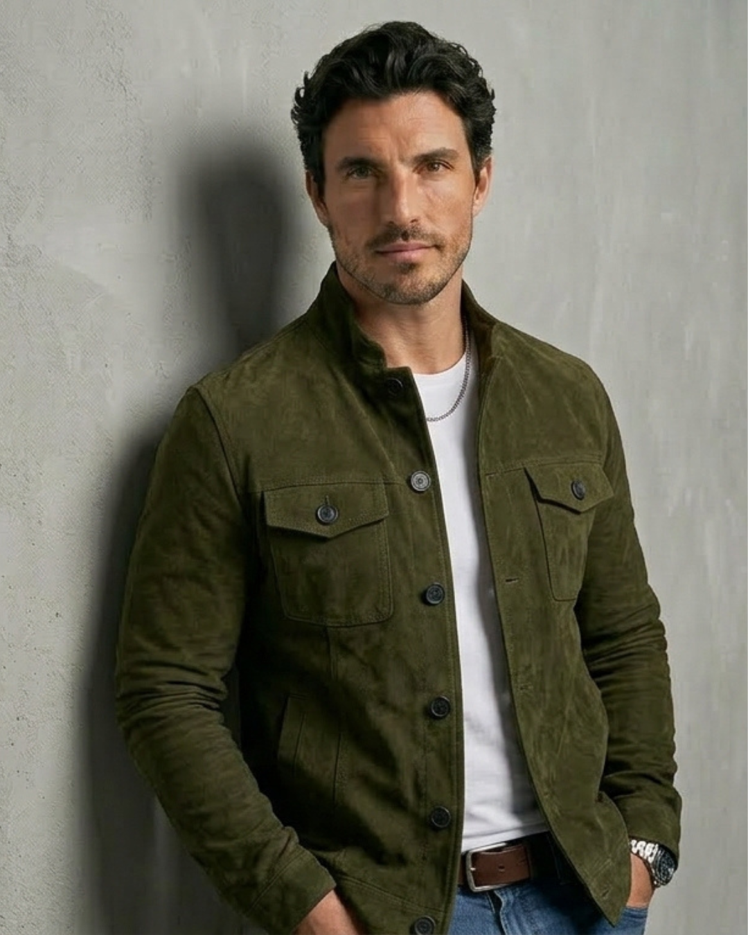 Chaqueta de ante verde con cuello alto y botones frontales