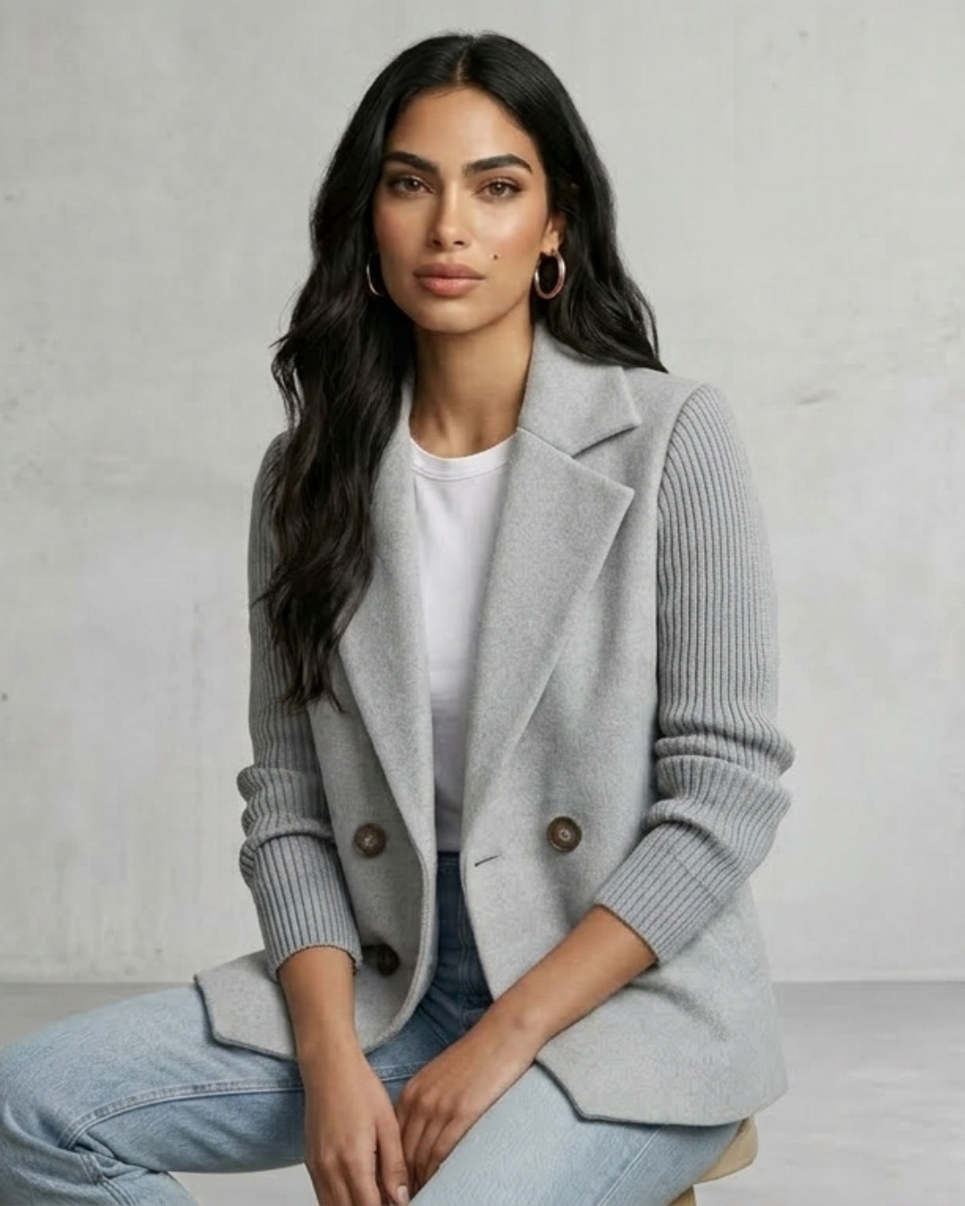 Chaqueta blazer gris sin cierre, solapas marcadas y botones tipo nácar