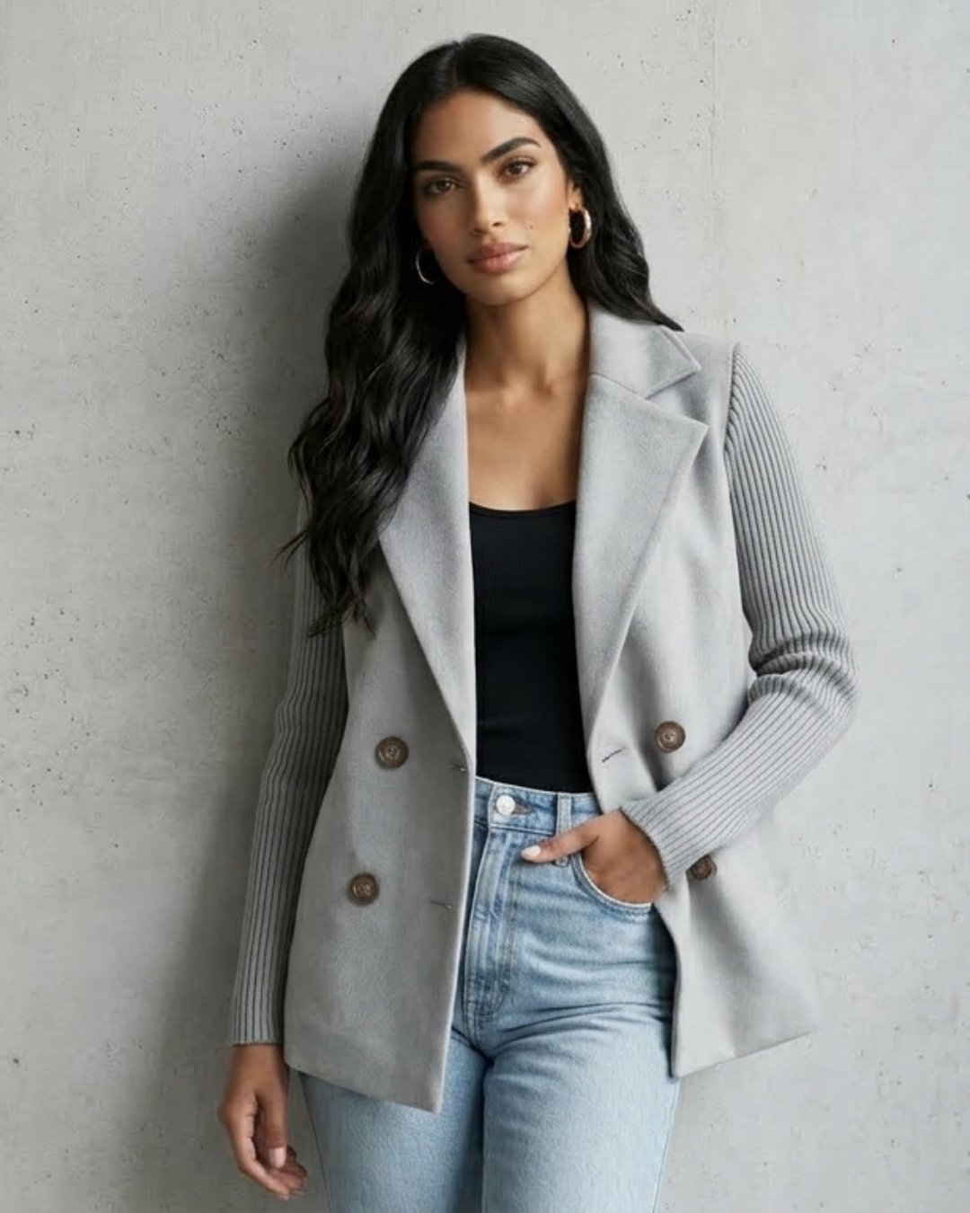 Chaqueta tipo blazer gris con solapas, botones metálicos y manga acanalada