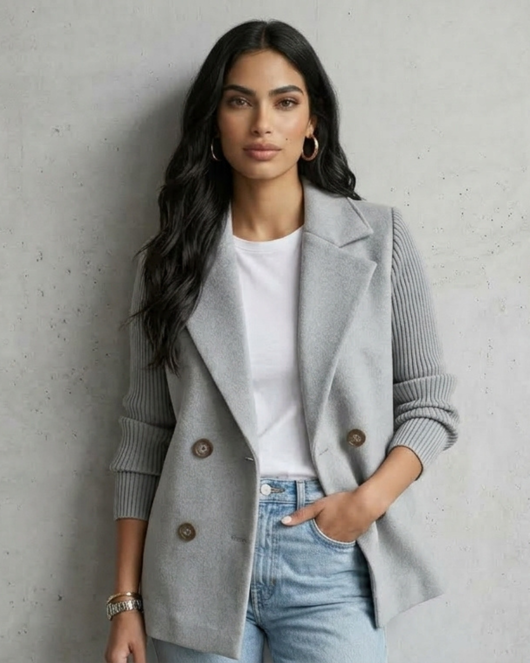 Chaqueta blazer gris con solapas, doble fila de botones y manga acanalada