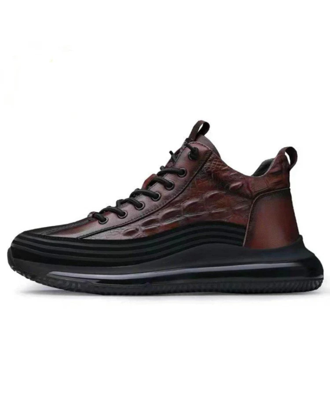 Zapatilla marrón oscuro de cuero con cordones y suela negra ondulada