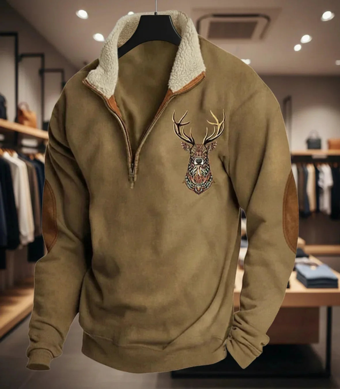 Jersey tipo sudadera marrón en percha, media cremallera y bordado de ciervo