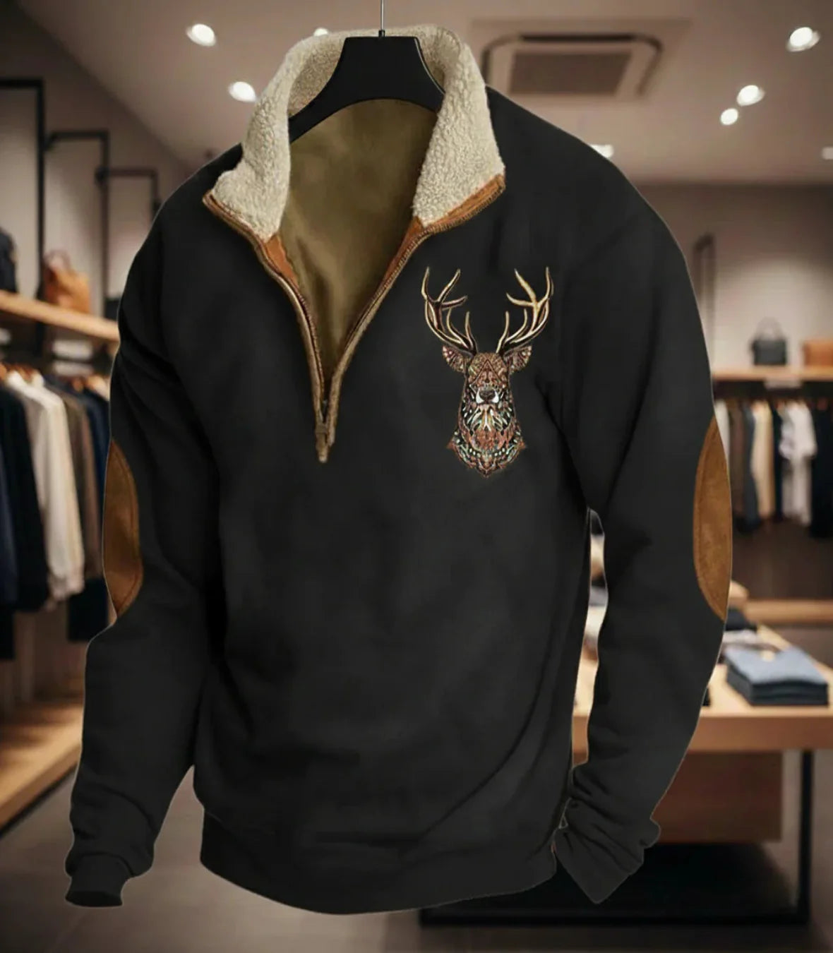 Jersey tipo sudadera negro con cuello de borreguillo, media cremallera y ciervo