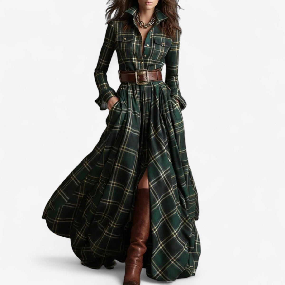 Vestido maxi verde a cuadros con botones delanteros y cinturón marrón ancho