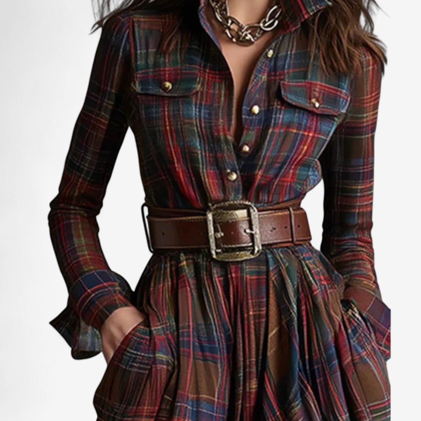Vestido maxi a cuadros con botones delanteros y cinturón marrón, falda amplia