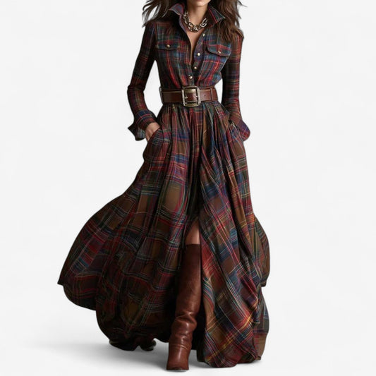 Vestido maxi camisero a cuadros, botones al frente y cinturón marrón ancho