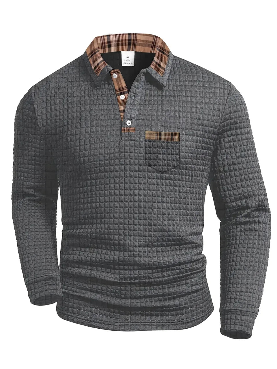 Suéter de punto gris con cuello tipo polo y bolsillo frontal, manga larga