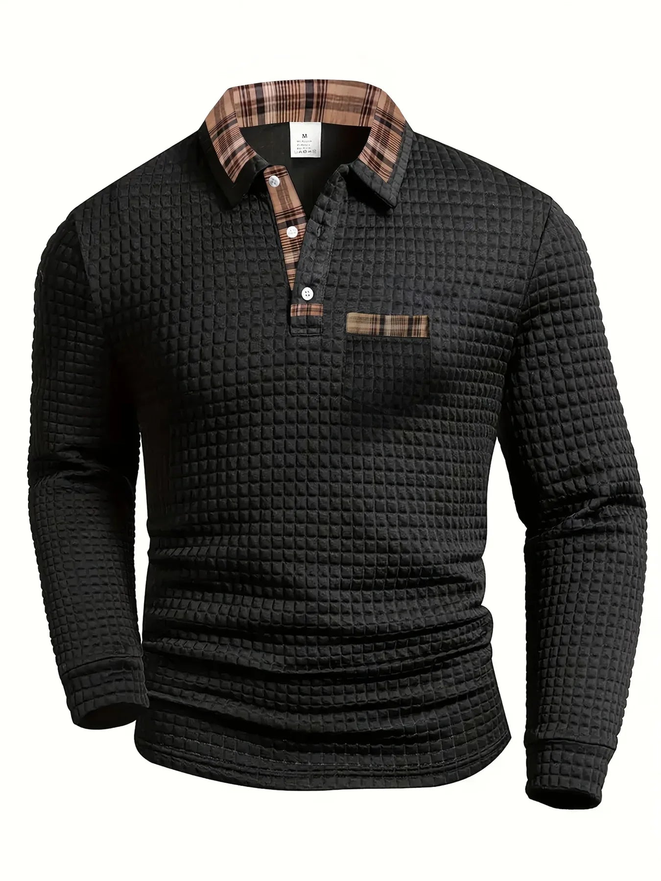 Suéter de punto negro con cuello tipo polo y bolsillo frontal, acabado acanalado