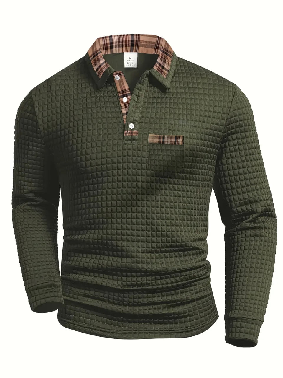 Suéter de punto verde militar con cuello tipo polo y bolsillo frontal, manga larga