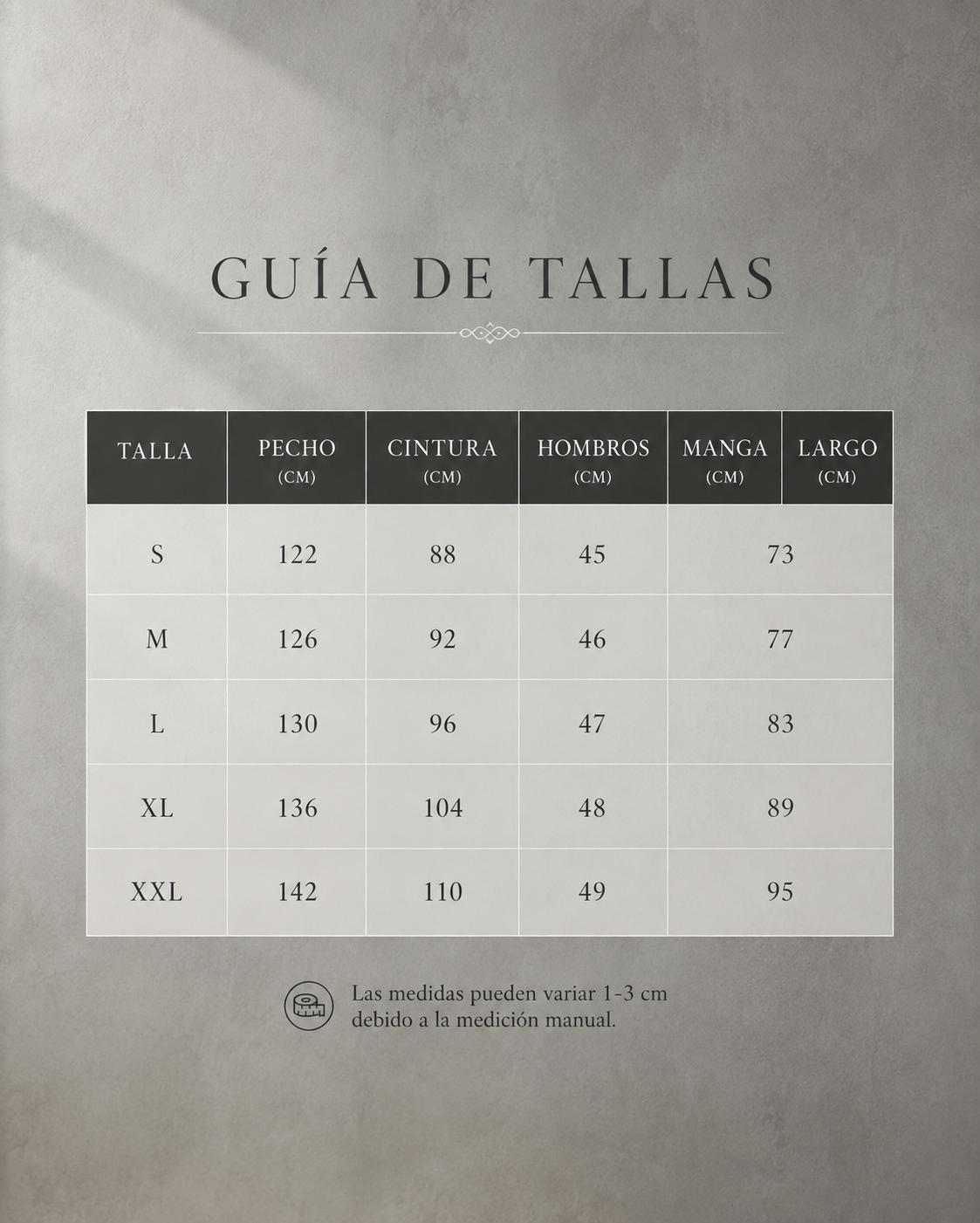 Guía de tallas del vestido con medidas en cm: talla S a XXL y columnas pecho, cintura y caderas