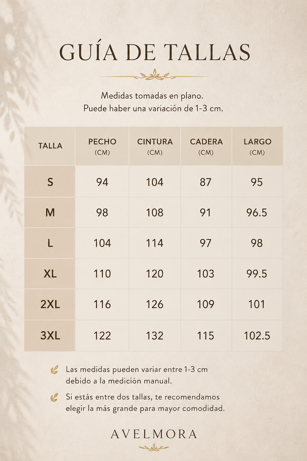 Guía de tallas con tabla de medidas en cm para tallas S a 3XL