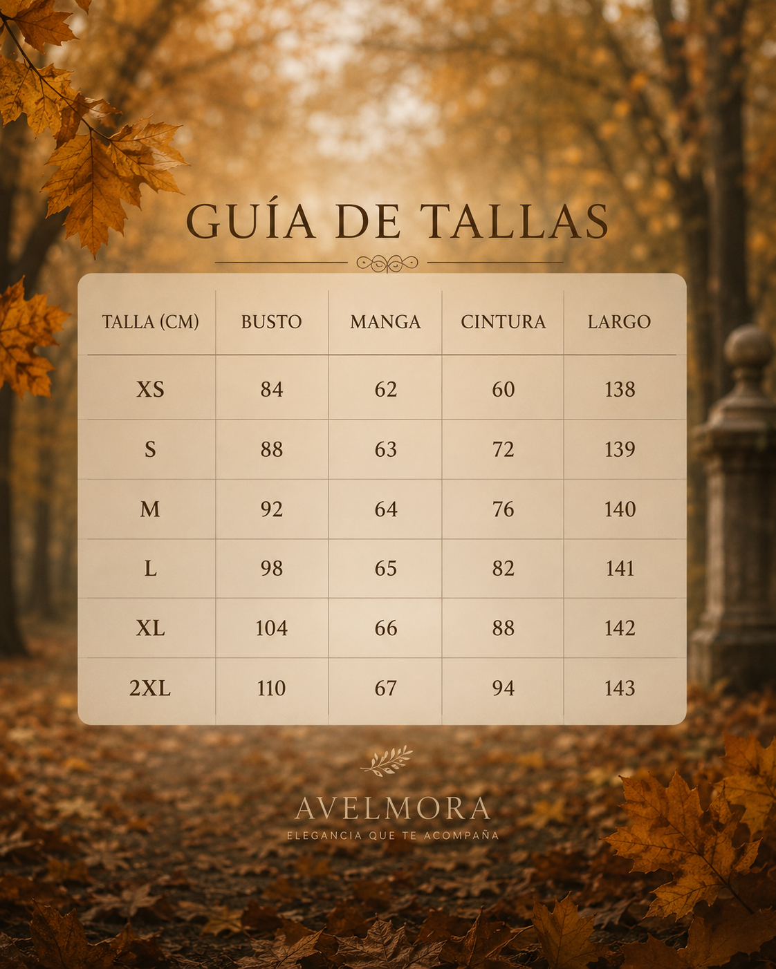 Guía de tallas con tabla de medidas, tallas XS a 2XL.